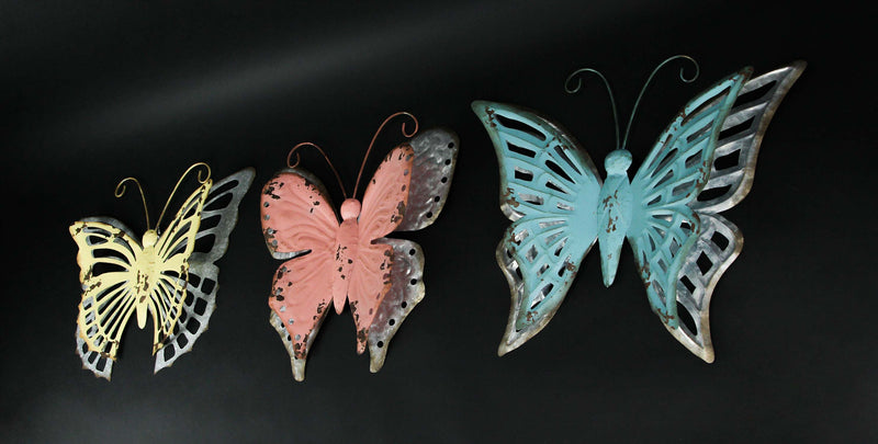 Set of 3 Distressed Finish Metal Butterfly Wall Hangings Galvanized Zinc Accents Image 2