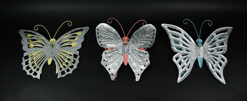 Set of 3 Distressed Finish Metal Butterfly Wall Hangings Galvanized Zinc Accents Image 3