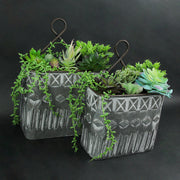 Pair of 2 Antiqued Washed Gray Metal Embossed Southwestern Geometric Design Wall Planters - Simple Installation - Perfect for