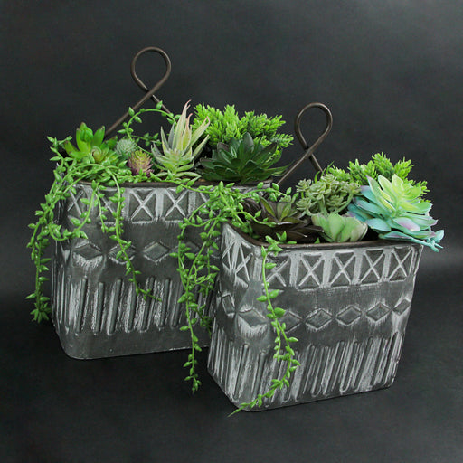 Pair of 2 Antiqued Washed Gray Metal Embossed Southwestern Geometric Design Wall Planters - Simple Installation - Perfect for