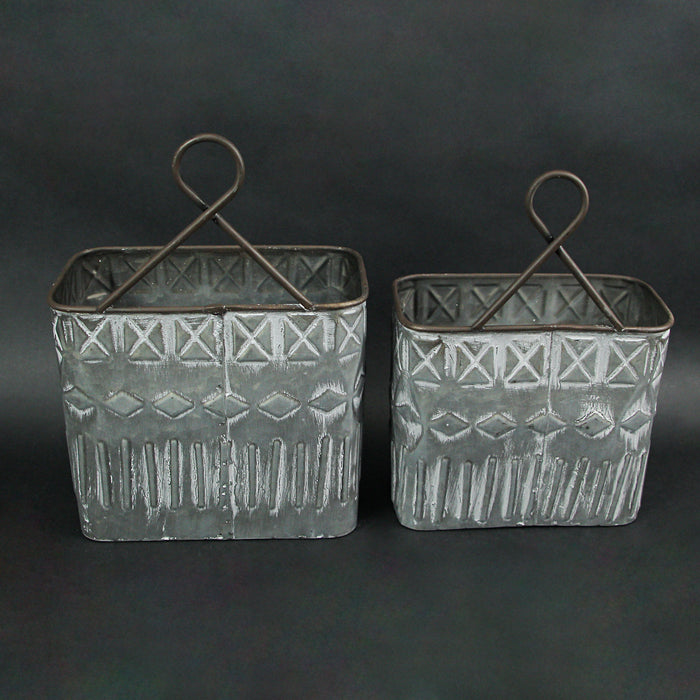 Pair of 2 Antiqued Washed Gray Metal Embossed Southwestern Geometric Design Wall Planters - Simple Installation - Perfect for