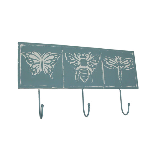 Blue and White Vintage Metal Insect Wall Hook Rack with Bee, Butterfly, and Dragonfly Accents - Decorative Hanging Coat,