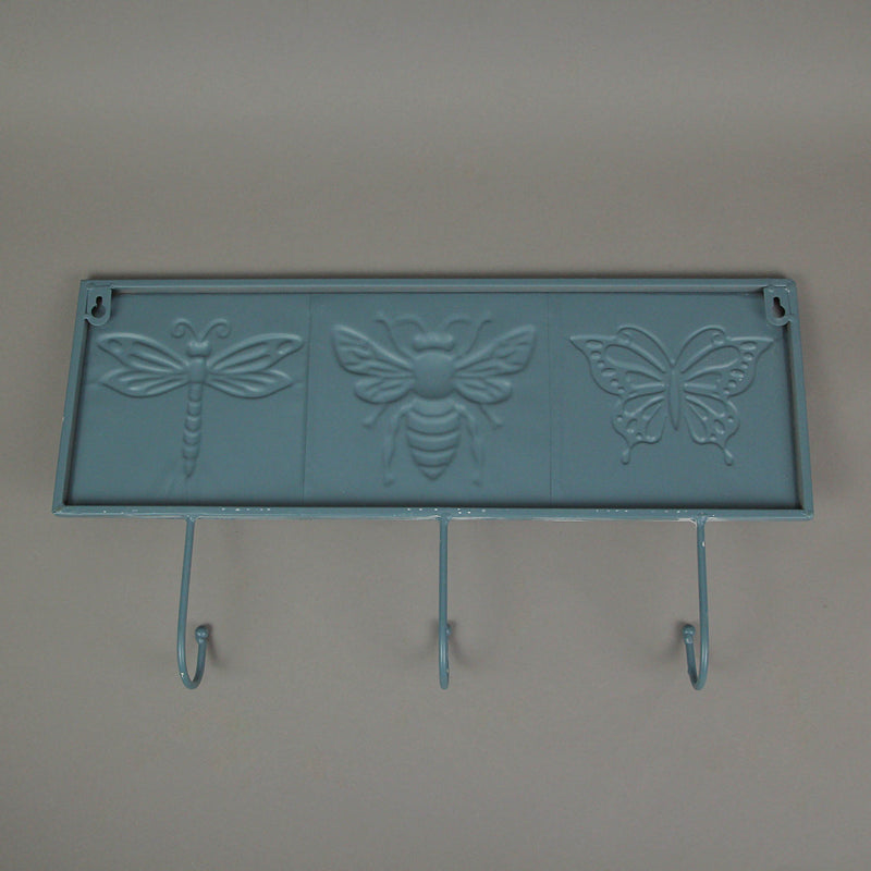 Blue and White Vintage Metal Insect Wall Hook Rack with Bee, Butterfly, and Dragonfly Accents - Decorative Hanging Coat,
