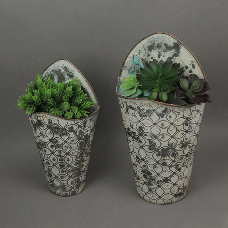 Set of 2 Wall Pocket Hanging Planters, 16 Inch Antiqued Gray Embossed Metal Image 2