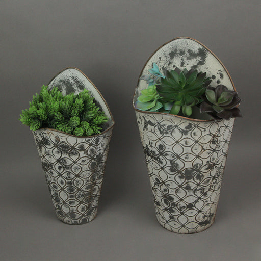 Set of 2 Wall Pocket Hanging Planters, 16 Inch Antiqued Gray Embossed Metal Image 2