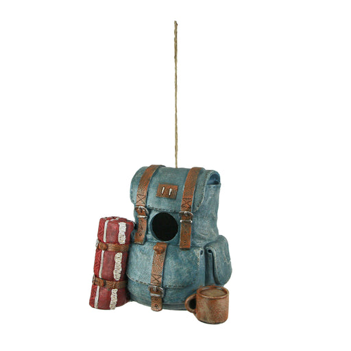 Playful Blue Hiking Backpack Resin Birdhouse -  Natural Fiber Rope Hanger - A Charming Outdoor Retreat for Your Backyard