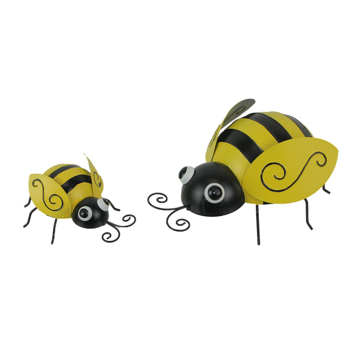 Set of 2 Hand-Painted Black and Yellow Metal Bumble Bee Sculptures - Nature-Themed Accent Decorations for Indoor and Outdoor