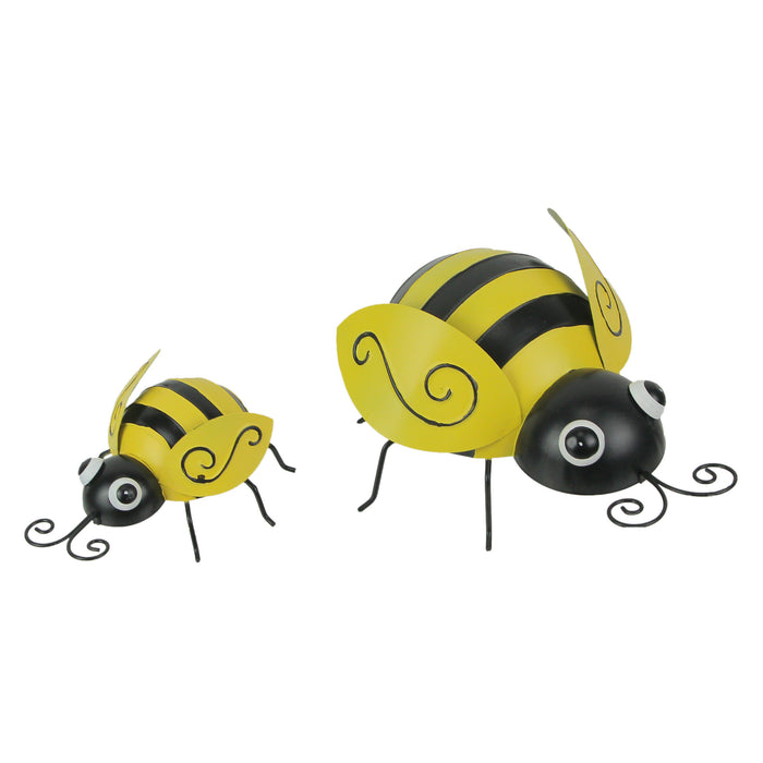 Set of 2 Hand-Painted Black and Yellow Metal Bumble Bee Sculptures - Nature-Themed Accent Decorations for Indoor and Outdoor