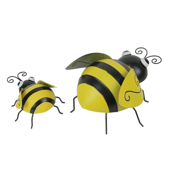 Set of 2 Hand-Painted Black and Yellow Metal Bumble Bee Sculptures - Nature-Themed Accent Decorations for Indoor and Outdoor