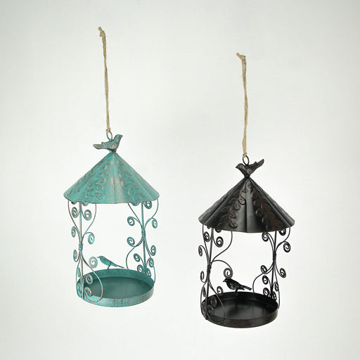 Rust Teal Metal Hanging Bird Feeder Outdoor Decorative Garden Seed Tray Set of 2 Image 2