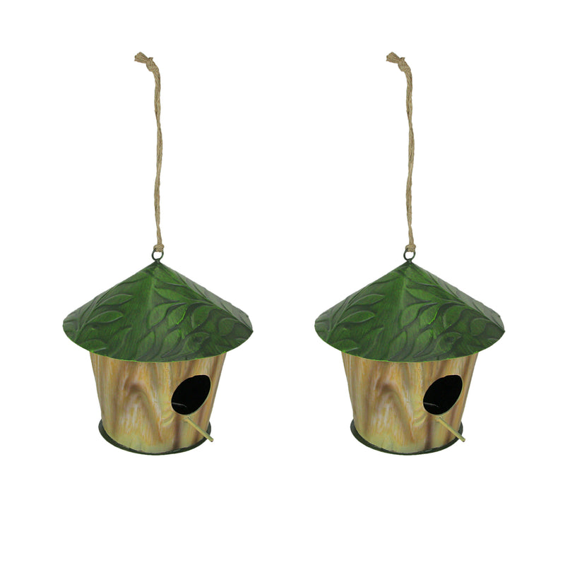 Set of 2 Metal Green Leaf Tree Hanging Bird House Outdoor Garden Decor Yard Art Image 1