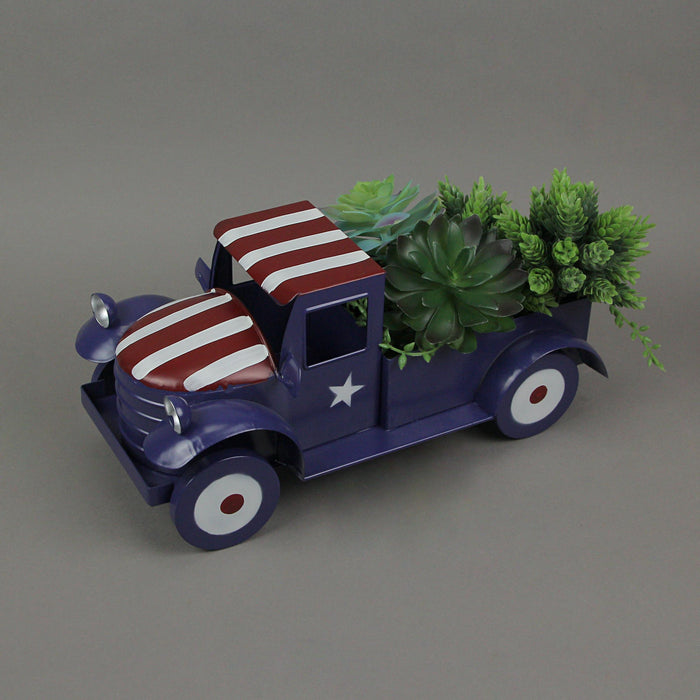 Blue - Image 2 - Rustic Blue Metal Vintage Patriotic Pickup Truck Planter Featuring Stars & Stripes Accents for Charming