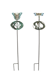 Set of 2 Bronze Finish Dragonfly and Butterfly Metal Garden Stake Wind Spinners - Kinetic Windmill Style Yard Sculptures,