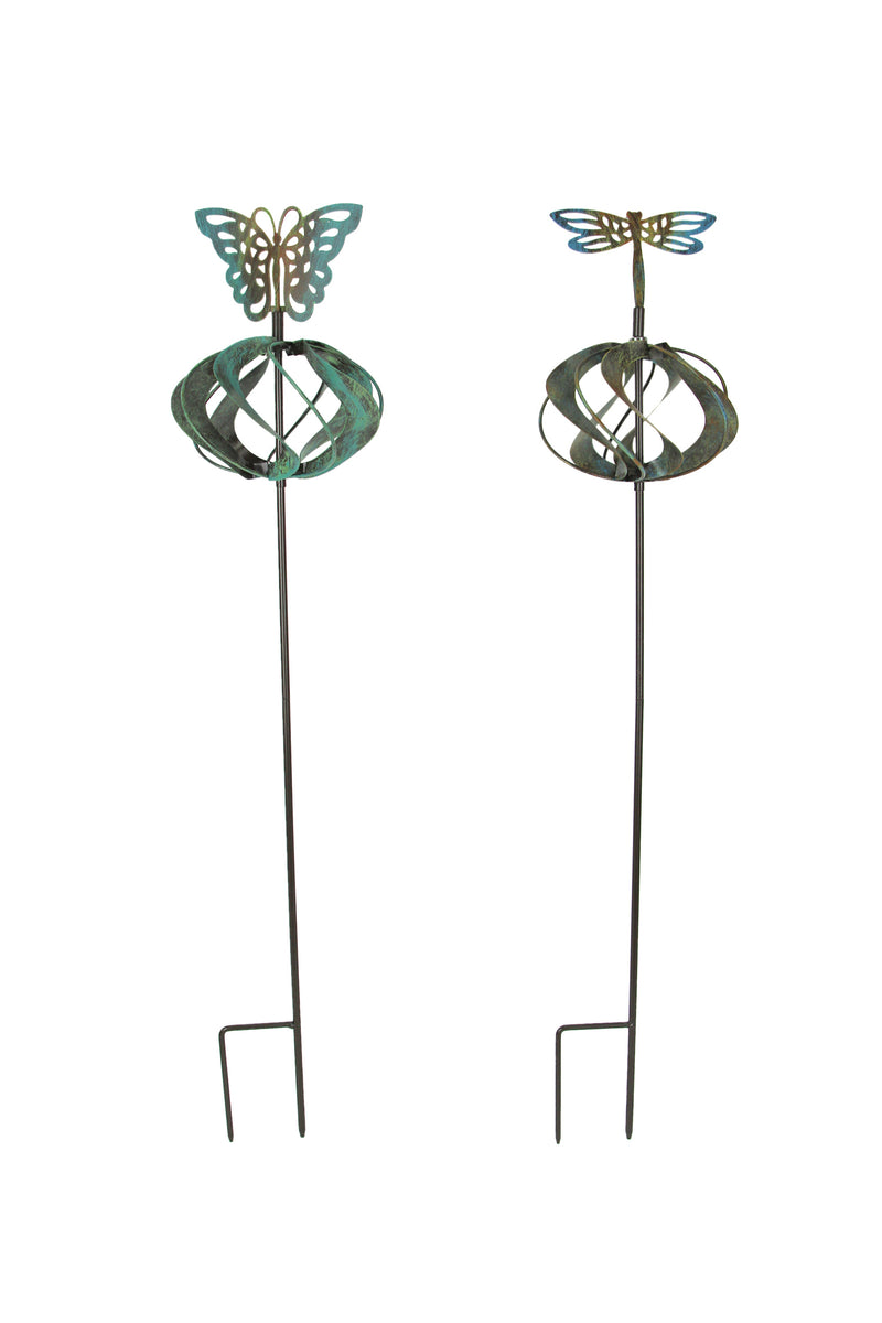 Set of 2 Bronze Finish Dragonfly and Butterfly Metal Garden Stake Wind Spinners - Kinetic Windmill Style Yard Sculptures,