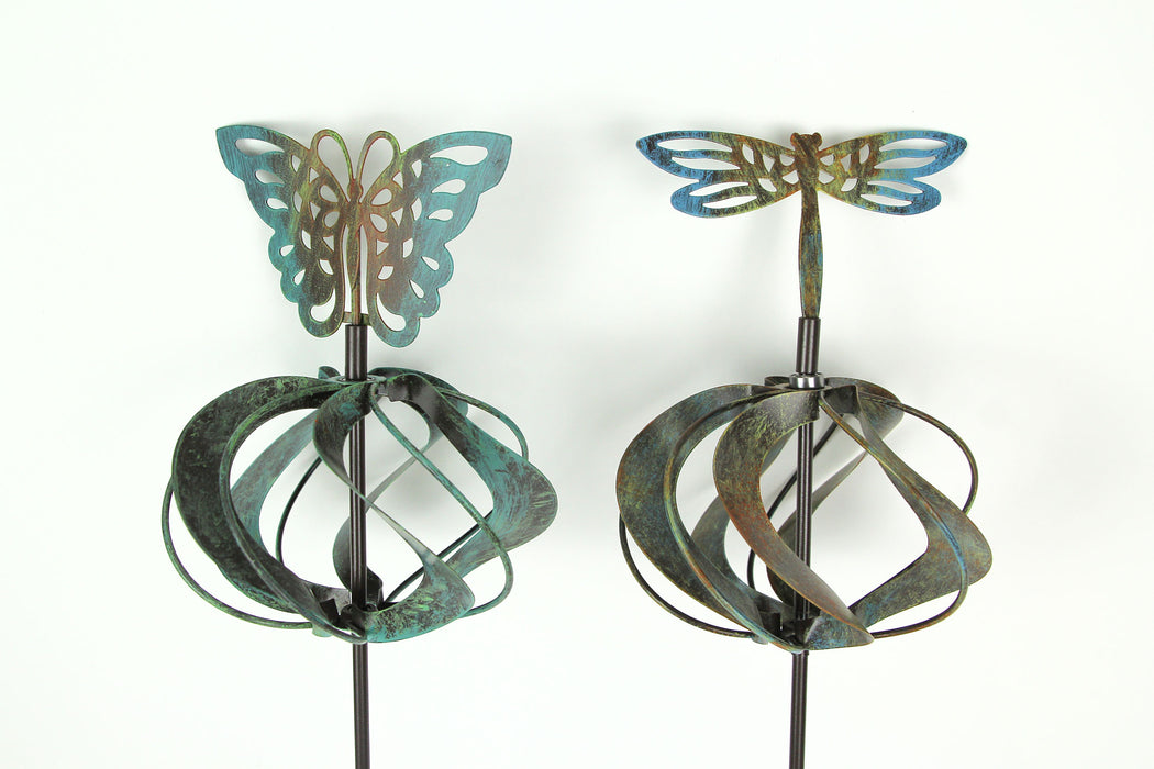 et of 2 Bronze Finish Dragonfly and Butterfly Metal Garden Stake Wind Spinners - Kinetic Windmill Style Yard Sculptures,