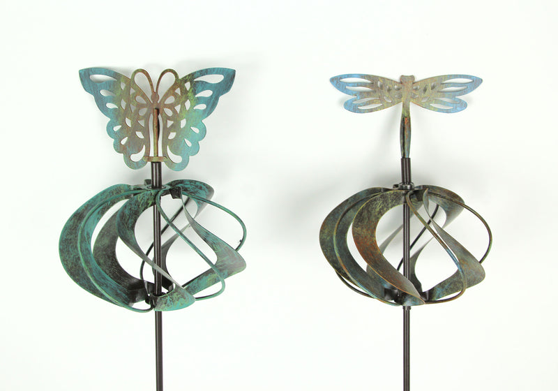Set of 2 Bronze Finish Dragonfly and Butterfly Metal Garden Stake Wind Spinners - Kinetic Windmill Style Yard Sculptures,