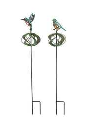 Set of 2 Metal Garden Stake  Kinetic Wind Spinners Featuring Hummingbird and Robin Sculptures, Adding Artistic Charm and