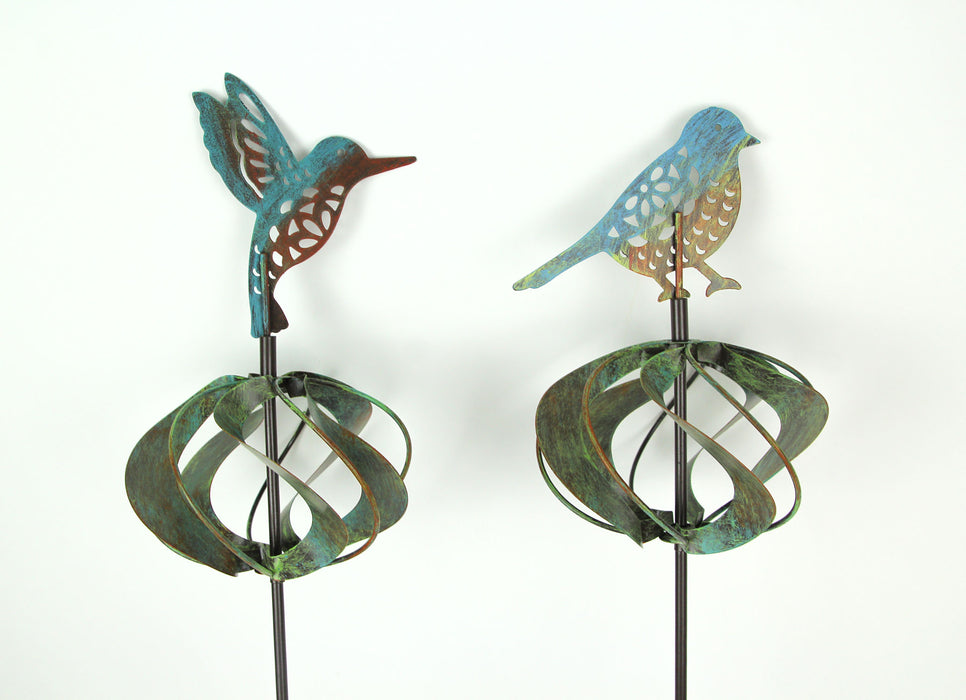 Set of 2 Metal Garden Stake  Kinetic Wind Spinners Featuring Hummingbird and Robin Sculptures, Adding Artistic Charm and