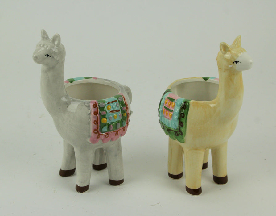 Vibrant Festive Llama Love Ceramic Planters - Set of 2 Small Decorative Pots for Indoor Greenery - 7.75 Inches High - Perfect