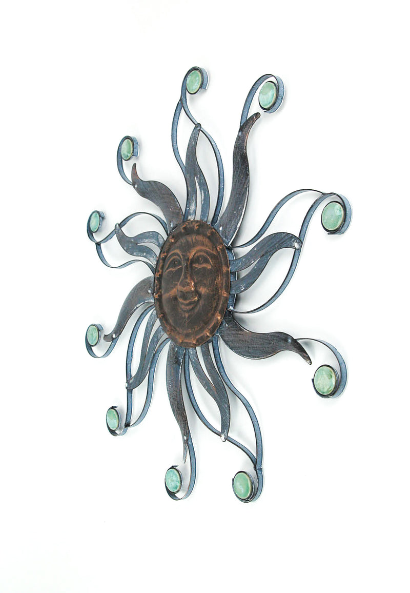 Rustic Copper Finish Metal Sun Face Wall Decor Hanging - 22-inch Diameter - Features Ceramic Bead Accents - Easy Install -