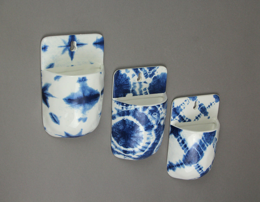 Set of 3 Blue and White Shibori Style Dyed Ceramic Wall Pocket Hangings Boho Décor Image 3