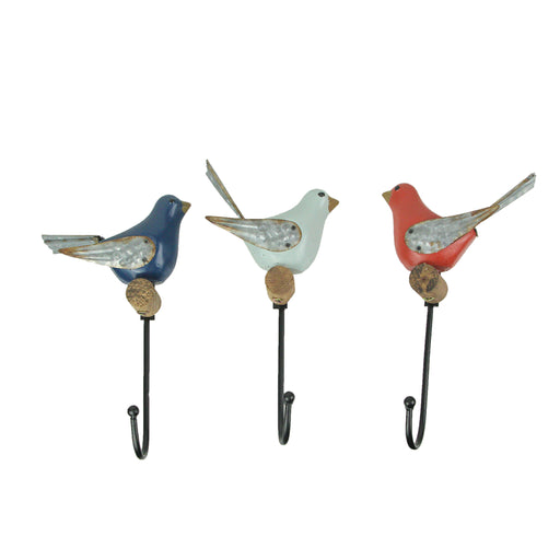 Trio of Distinctive Bird-Themed Wall Hooks in Red, White, and Blue, Crafted from Wood and Metal, Ideal for Coats, Towels,