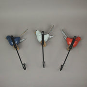 Trio of Distinctive Bird-Themed Wall Hooks in Red, White, and Blue, Crafted from Wood and Metal, Ideal for Coats, Towels,