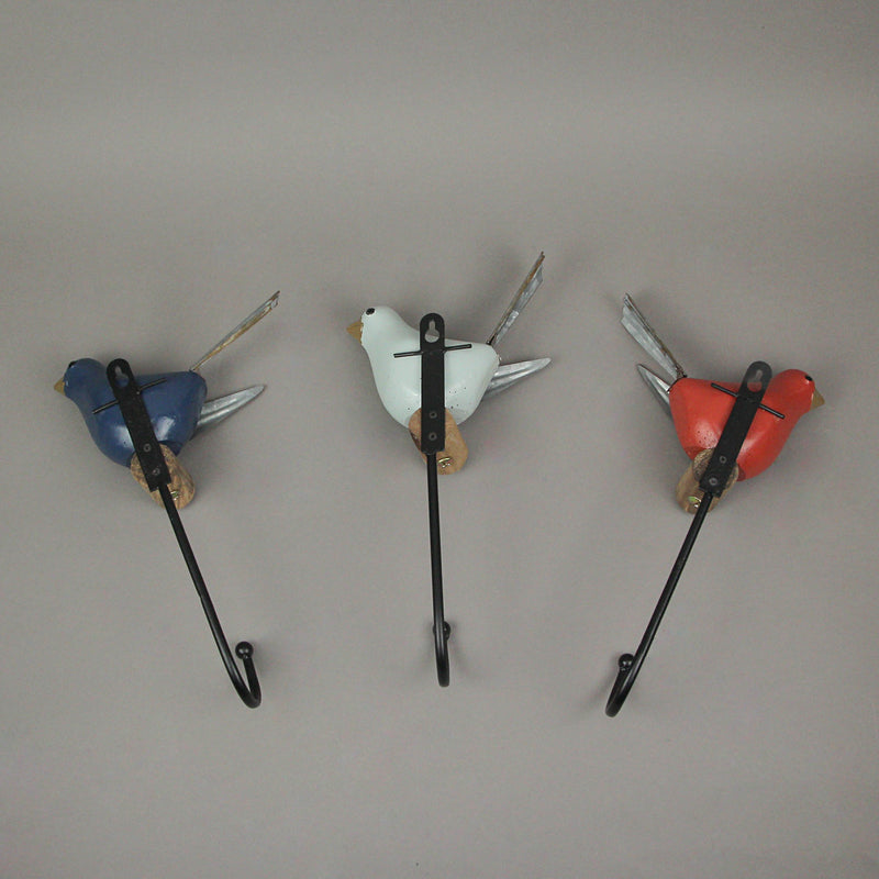 Trio of Distinctive Bird-Themed Wall Hooks in Red, White, and Blue, Crafted from Wood and Metal, Ideal for Coats, Towels,