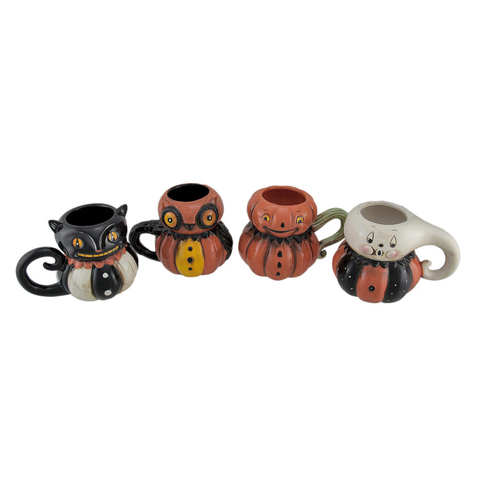 Johanna Parker Pumpkin Peeps: Set of 4 Ceramic Halloween Mugs - Ghost, Cat, Owl and Jack O' Lantern Vintage Style Fall