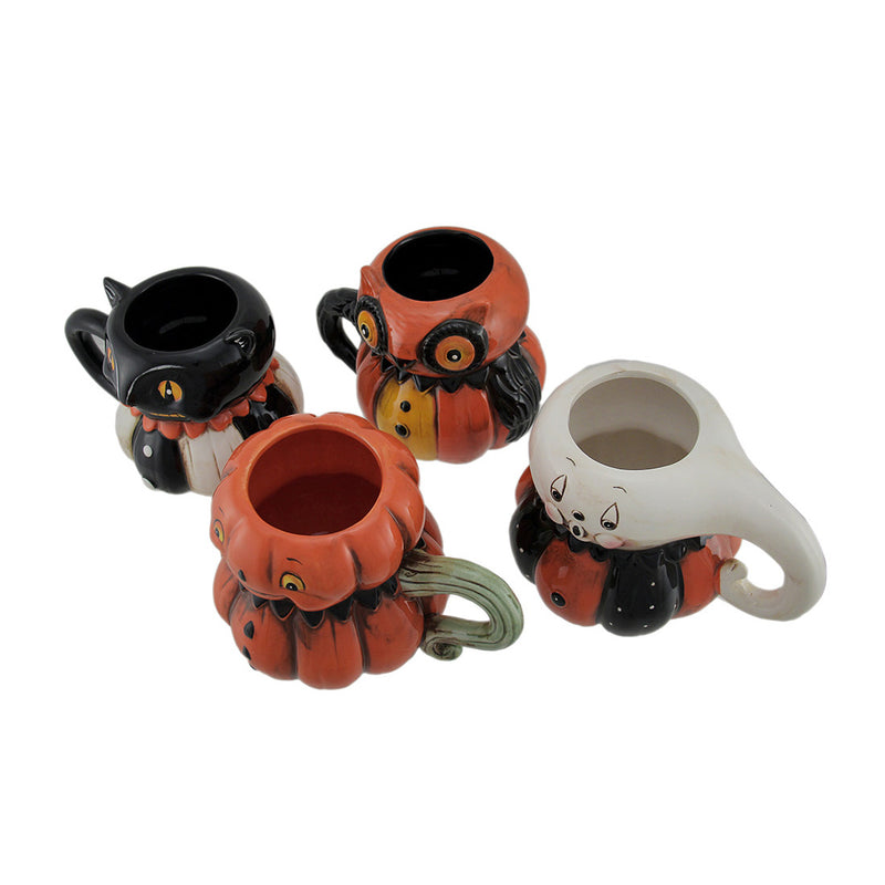 Johanna Parker Pumpkin Peeps: Set of 4 Ceramic Halloween Mugs - Ghost, Cat, Owl and Jack O' Lantern Vintage Style Fall