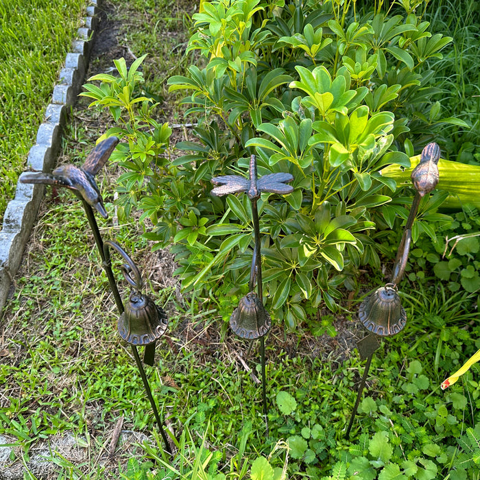 Set of 3 Metal Garden Stakes with Bronze Finish, Hummingbird, Bird, Butterfly, and Bells, Perfect for Outdoor Decor, Yard