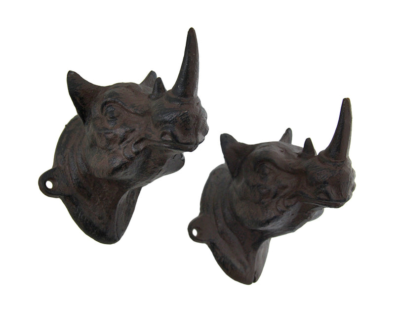 Set of 2 Rustic Cast Iron Rhinoceros Head Wall Hooks Image 1