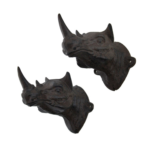 Set of 2 Rustic Cast Iron Rhinoceros Head Wall Hooks Image 2