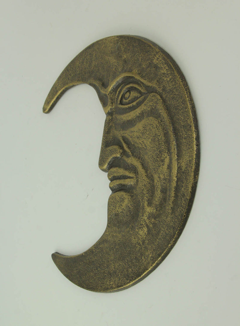 Bronze Finish Cast Iron Crescent Man in the Moon Face Indoor Outdoor Wall Hanging Celestial Decor 11.75 Inches High - Perfect