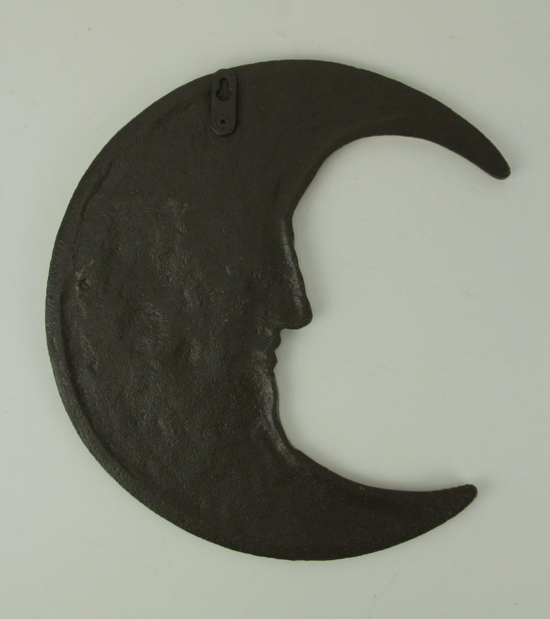 Bronze Finish Cast Iron Crescent Man in the Moon Face Indoor Outdoor Wall Hanging Celestial Decor 11.75 Inches High - Perfect