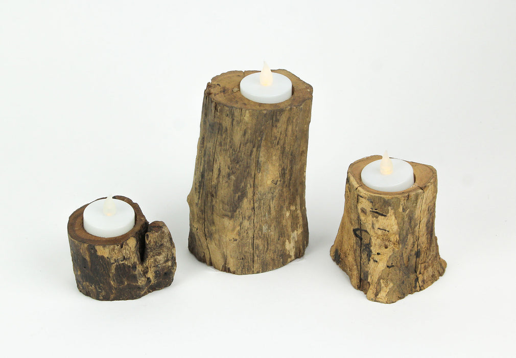 Set of 3 Handcrafted Natural Brown Gamal Branch Wood Tealight Candle Holders - Rustic Boho Décor Accent - Great For LED Tea