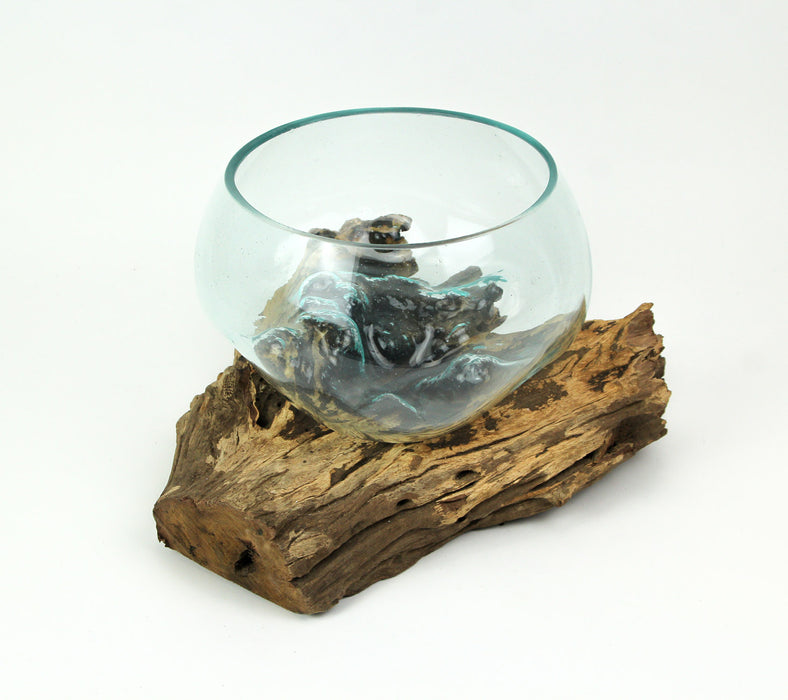 Melted Glass and Teak Driftwood Centerpiece Display - Boho Decor, Versatile Accent Piece - Unique 18.5-Inch Decorative Glass