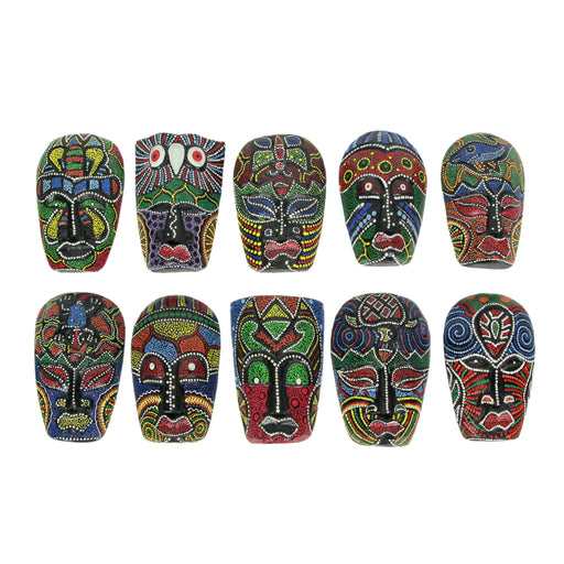 Set of 10 Hand-Carved 5-Inch High Tropical Dot-Painted Tribal Masks for Unique Wall Decor - Exquisite Artistic Craftsmanship