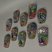 Set of 10 Hand-Carved 5-Inch High Tropical Dot-Painted Tribal Masks for Unique Wall Decor - Exquisite Artistic Craftsmanship