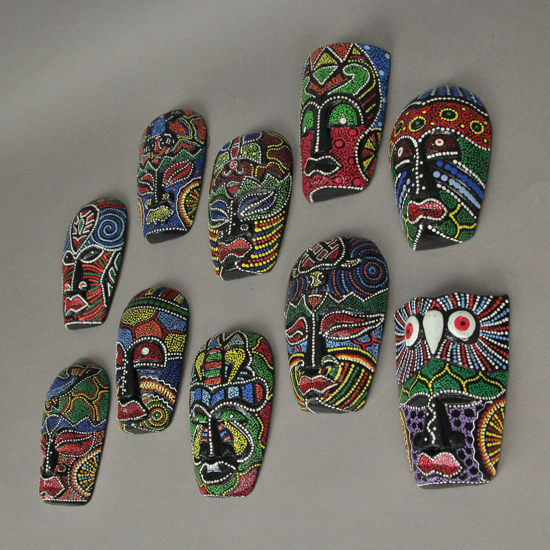 Set of 10 Hand-Carved 5-Inch High Tropical Dot-Painted Tribal Masks for Unique Wall Decor - Exquisite Artistic Craftsmanship
