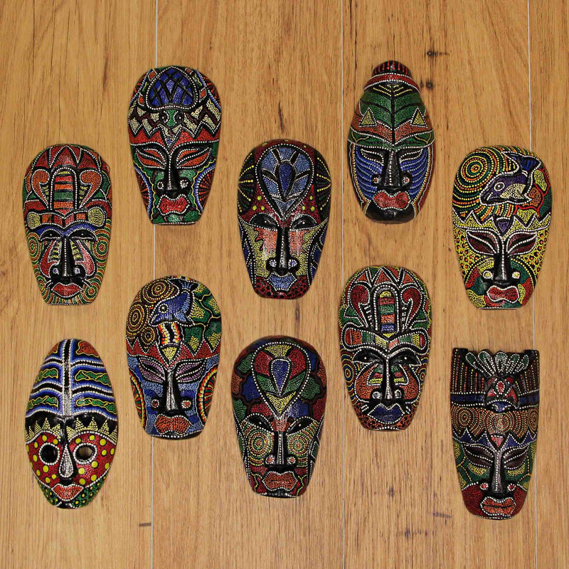 Set of 10 Hand-Carved Indonesian Dot-Painted Tribal Wall Masks - Unique 6-Inch Wooden Artistry - Artisan-Made Home Decor -