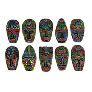 Set of 10 Hand-Carved Indonesian Dot-Painted Tribal Wall Masks - Unique 6-Inch Wooden Artistry - Artisan-Made Home Decor -