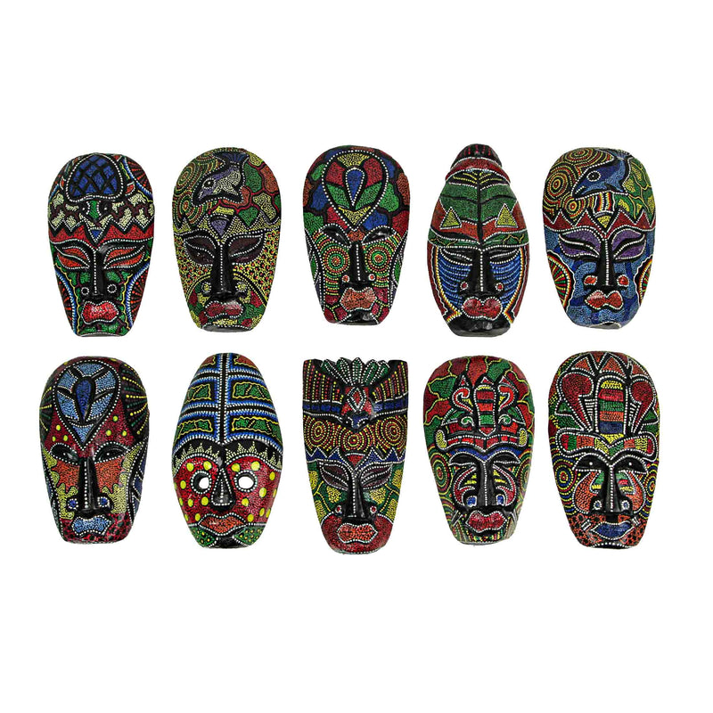 Set of 10 Hand-Carved Indonesian Dot-Painted Tribal Wall Masks - Unique 6-Inch Wooden Artistry - Artisan-Made Home Decor -