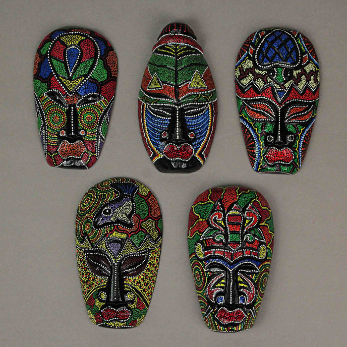 Set of 10 Hand-Carved Indonesian Dot-Painted Tribal Wall Masks - Unique 6-Inch Wooden Artistry - Artisan-Made Home Decor -