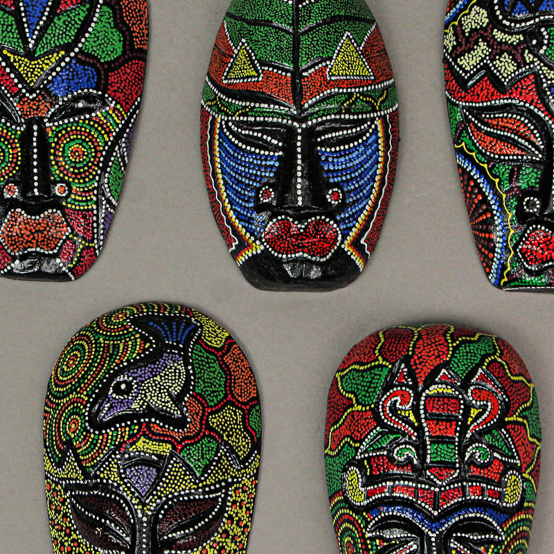 Set of 10 Hand-Carved Indonesian Dot-Painted Tribal Wall Masks - Unique 6-Inch Wooden Artistry - Artisan-Made Home Decor -