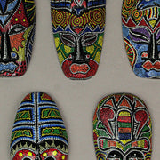 Set of 10 Hand-Carved Indonesian Dot-Painted Tribal Wall Masks - Unique 6-Inch Wooden Artistry - Artisan-Made Home Decor -