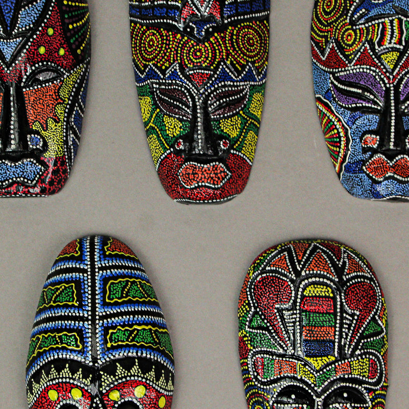 Set of 10 Hand-Carved Indonesian Dot-Painted Tribal Wall Masks - Unique 6-Inch Wooden Artistry - Artisan-Made Home Decor -