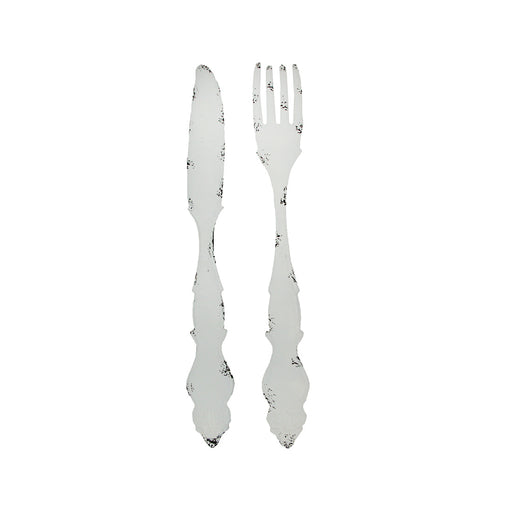 Set of 2 Large Knife and Fork White Metal Wall Hangings - Decorative Utensil Pieces for Country Farmhouse Kitchen Decor -