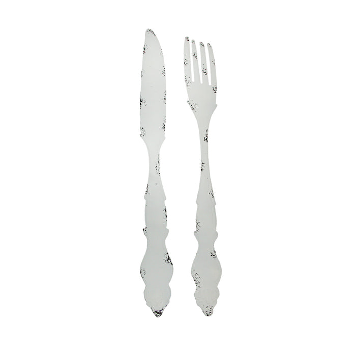 Set of 2 Large Knife and Fork White Metal Wall Hangings - Decorative Utensil Pieces for Country Farmhouse Kitchen Decor -