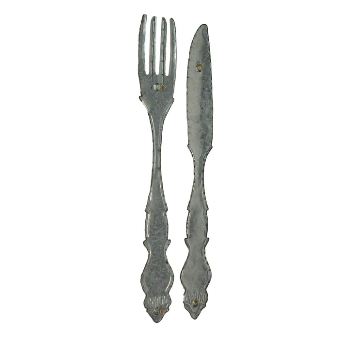 Set of 2 Large Knife and Fork White Metal Wall Hangings - Decorative Utensil Pieces for Country Farmhouse Kitchen Decor -